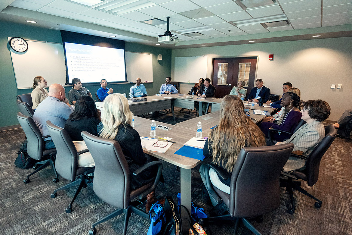 Middle Tennessee State University’s Leaders in Education Advancing Data Science (LEADS) project, funded by the National Science Foundation, faculty and staff team discuss goals for the collaborative project with local school district partners at a grant luncheon on Oct. 30 in the College of Education Building on campus in Murfreesboro, Tenn. (MTSU photo by Andy Heidt)