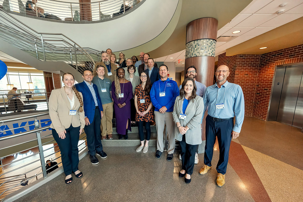 Middle Tennessee State University’s Leaders in Education Advancing Data Science (LEADS) project, funded by the National Science Foundation, faculty and staff team pose with local school district partners for a group photo at a grant luncheon, which discussed the project collaboration between the university and local school districts, on Oct. 30 in the College of Education Building on campus in Murfreesboro, Tenn. (MTSU photo by Andy Heidt)