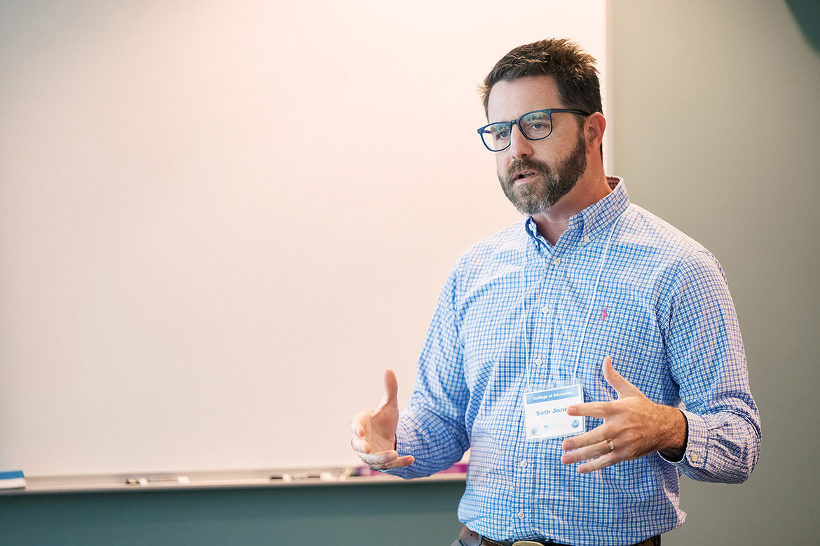 Middle Tennessee State University’s Ryan “Seth” Jones, associate professor in the College of Education’s Womack Educational Leadership Department and member of the Integrated Data Research Team, emphasizes the importance and impact of the Leaders in Education Advancing Data Science (LEADS) project, funded by the National Science Foundation, to local school district partners at a grant luncheon on Oct. 30 in the College of Education Building on campus in Murfreesboro, Tenn. (MTSU photo by Andy Heidt)