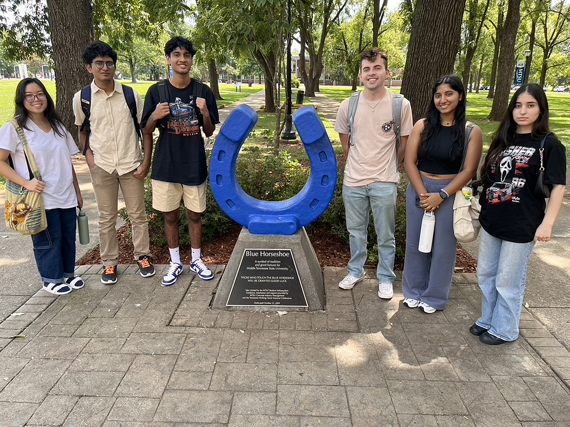 Gathering at the Blue Horseshoe in Walnut Grove on the Middle Tennessee State University campus in Murfreesboro, Tenn., freshmen and first-year Medical School Early Acceptance Program students, from left, Abigail Sajor, Faheem Mohammed, Nik Yelemali, Jack Lane, Avantika Pillai and Rezan Saleem begin their journey to become physicians. The program, which has a Dec. 1 application deadline for Tennessee high school students wanting to be in the next cohort, is an MTSU-Meharry Medical College partnership to bring doctors to rural Tennessee areas. (Submitted photo)