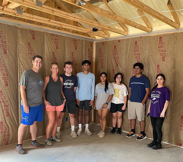 For a Habitat for Humanity home build earlier this year in Murfreesboro, Tenn., Middle Tennessee State University College of Basic and Applied Sciences advisors Eric Miller, left, and Kim Stephens were joined by MTSU freshmen and first-year Medical School Early Acceptance Program students Jack Lane, Nik Yelemali, Avantika Pillai, Abigail Sajor, Faheem Mohammed and Rezan Saleem. Tennessee high school seniors interested in the program — a partnership between MTSU and Meharry Medical College in Nashville, Tenn. — must apply by Dec. 1 to be considered and selected to be part of the 2025-26 cohort. (Submitted photo)