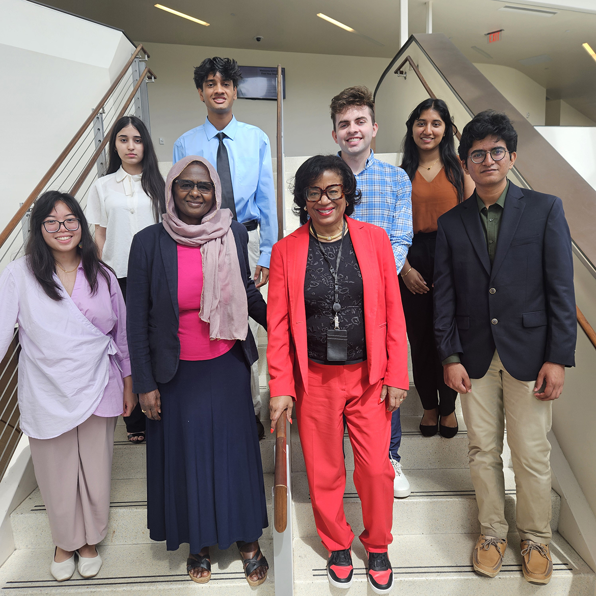 During the Summer Bridge program at Meharry Medical College for the new group of Middle Tennessee State University freshmen in the Medical School Early Acceptance Program, students met with key Meharry administrators. Shown are, front row, from left, Abigail Sajor; Sakina Eltom, Meharry Department of Professional and Medical Education chair; Theodora Pinnock, Meharry associate dean for Student Affairs and Admission; and Faheem Mohammed. Back row from left, are MTSU MSEAP students Rezan Saleem, Nik Yelemali, Jack Lane and Avantika Pillai. (Photo by Meharry Medical College)