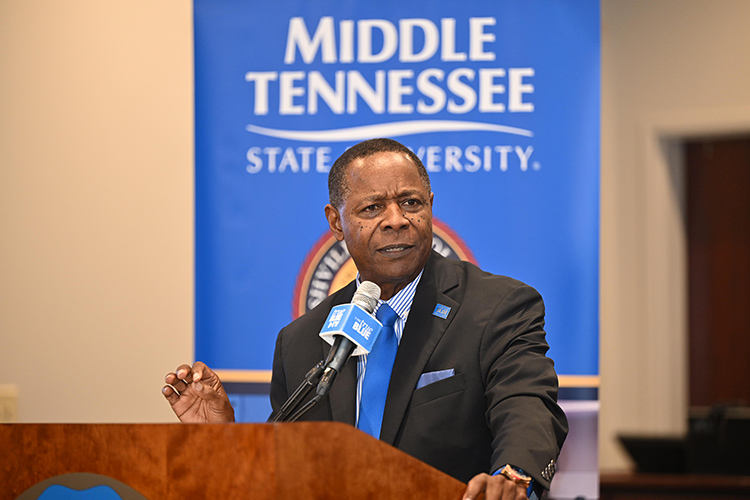 Middle Tennessee State University President Sidney A. McPhee gives remarks Tuesday, Nov. 19, on the Nashville School of Law campus in Nashville, Tenn., outlining a partnership with the law school in which a new MTSU master’s degree in legal studies will be taught in part by NSL faculty, with most classes available online or on the NSL campus. (MTSU photo by James Cessna)