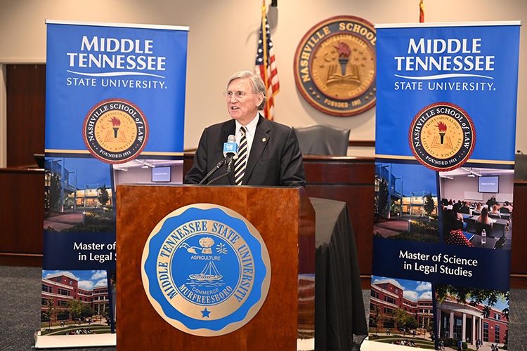 Nashville School of Law Dean William C. Koch Jr. gives remarks Tuesday, Nov. 19, on the law school campus in Nashville, Tenn., outlining a partnership in which a new Middle Tennessee State University master’s degree in legal studies will be taught in part by NSL faculty, with most classes available online or on the NSL campus. (MTSU photo by James Cessna)