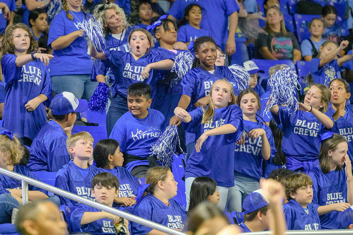 Sporting Middle Tennessee State University Blue Crew jerseys, Kittrell Elementary School students cheer on the Blue Raider men’s basketball team, who defeated the Oglethorpe University Petrels 97-51 on Monday, Nov. 4, in Murphy Center in the annual Rutherford County Schools’ Education Day game on the MTSU campus in Murfreesboro, Tenn. (MTSU photo by J. Intintoli) 