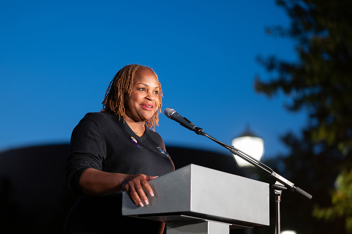 Khalilah Doss, Middle Tennessee State University vice president of student affairs and dean of students, speaks to the crowd attending the Oct. 30 vigil for student Serenity Birdsong, who died by suicide two days earlier in the James E. Walker Library on the MTSU campus in Murfreesboro, Tenn. Doss has also had to offer condolences and words of comfort to the family of a current student who tragically died in a car accident in Dallas, Texas, and to the family of a dual-enrollment student from Mt. Juliet, Tenn., who died in a car wreck in South Carolina. (MTSU photo by Cat Curtis Murphy)