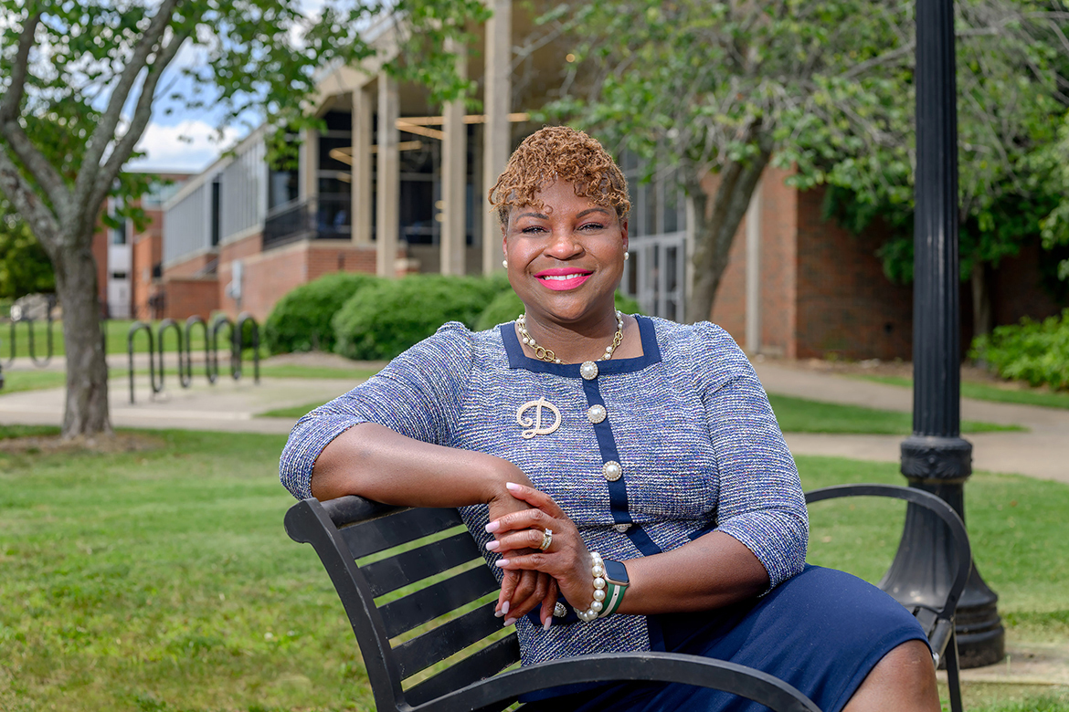 Khalilah Doss sits outside Keathley University Center on the Middle Tennessee State university campus in Murfreesboro, Tenn., earlier this year following her  appointment as vice president of Student Affairs and Dean of Students. Chosen following a national search, Doss, a native of Kingston, Jamaica, came to MTSU from the University of Southern Indiana in Evansville, where she was vice president of student affairs. (MTSU photo by J. Intintoli)