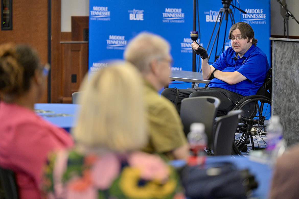 Gerald Christian, associate director of the Disability and Access Center at Middle Tennessee State University, shares his story of becoming paralyzed after a car wreck as a teenager and how he overcame the difficulties that his disability brought at the National Disability Employment Awareness Month conference Oct. 29 in the Sam H. Ingram Building on campus in Murfreesboro, Tenn. (MTSU photo by J. Intintoli)