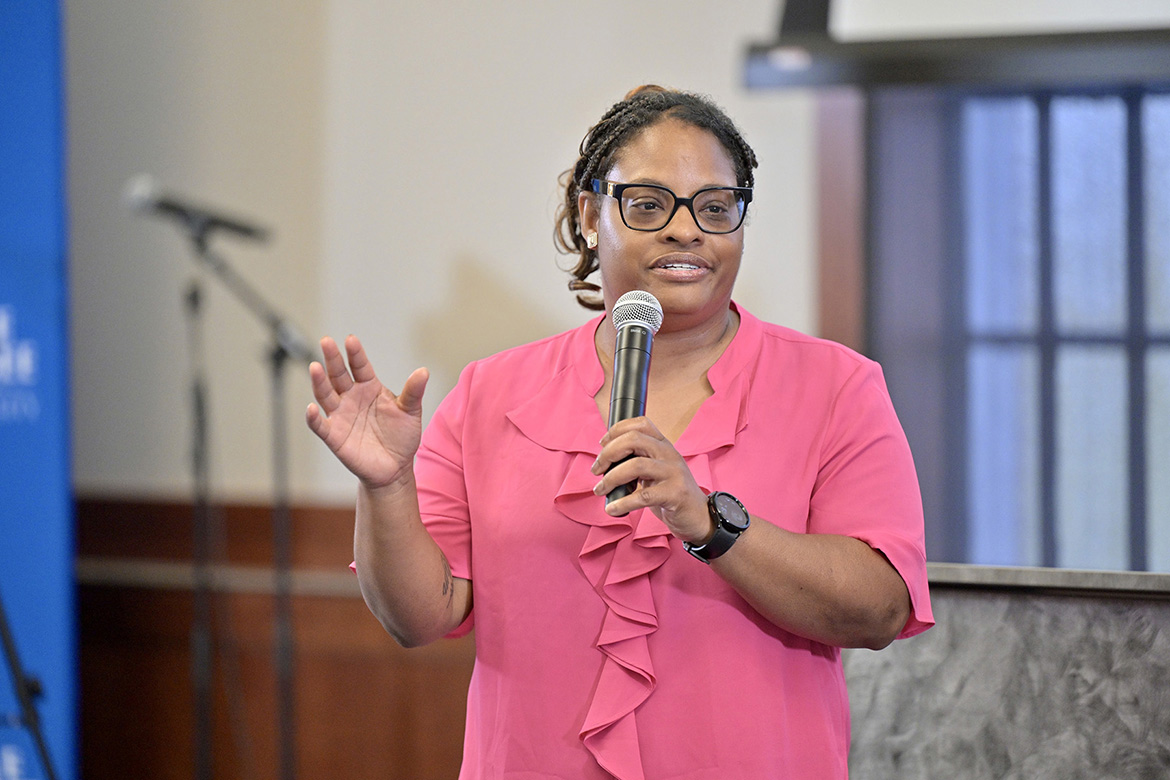 Shari Hinton, a Nashville, Tenn., native who works for the Office of Protection Services for the Smithsonian Institution in Washington, shares her experiences coping with bipolar disorder at the Oct. 29 Middle Tennessee State University National Disability Employment Awareness Month conference in the Sam H. Ingram Building on campus in Murfreesboro, Tenn. (MTSU photo by J. Intintoli)