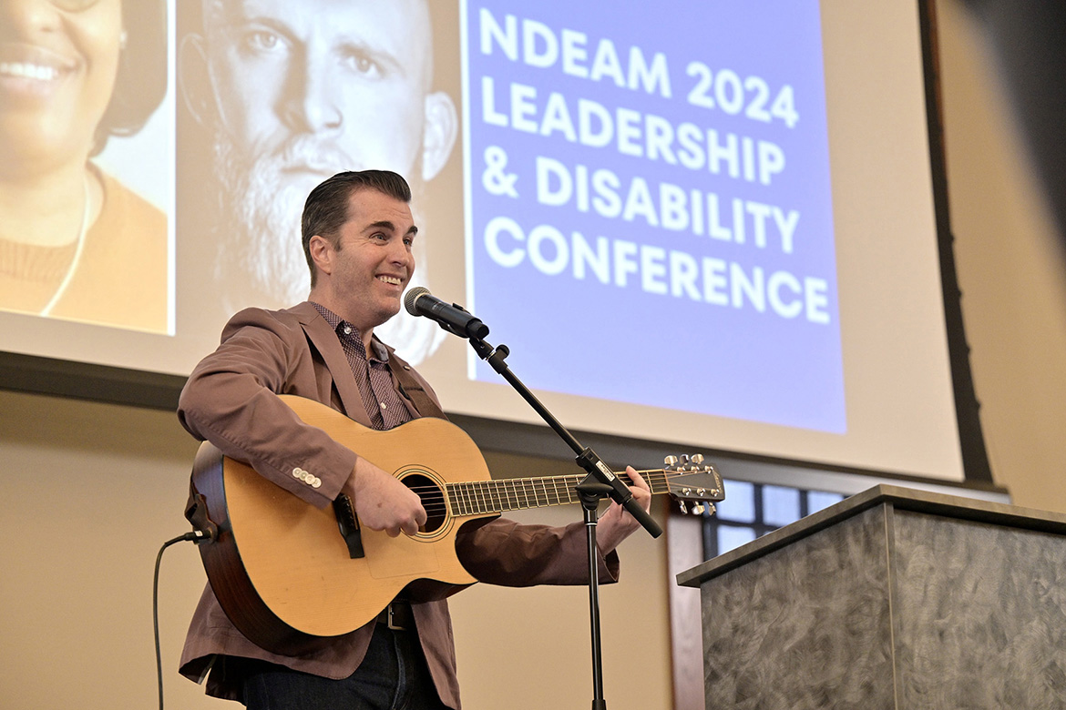 JP Williams, a hit songwriter, performer, executive coach and motivational speaker who lost his vision at age 10, talks about overcoming stigmas regarding his disability and how he used those hardships to become successful in the music industry and as a motivational speaker at the Oct. 29 Middle Tennessee State University National Disability Employment Awareness Month conference in the Sam H. Ingram Building on campus in Murfreesboro, Tenn. (MTSU photo by J. Intintoli)