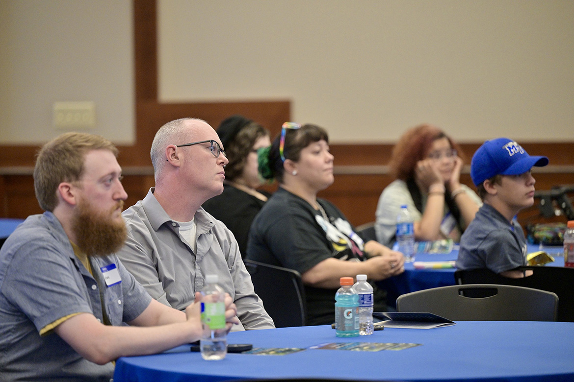 Audience members listen during a presentation at the Middle Tennessee State University National Disability Employment Awareness Month conference on Oct. 29 in the Sam H. Ingram Building on campus in Murfreesboro, Tenn. The event featured six guest speakers sharing their professional and personal journey coping with mental and/or physical disabilities. (MTSU photo by J. Intintoli)