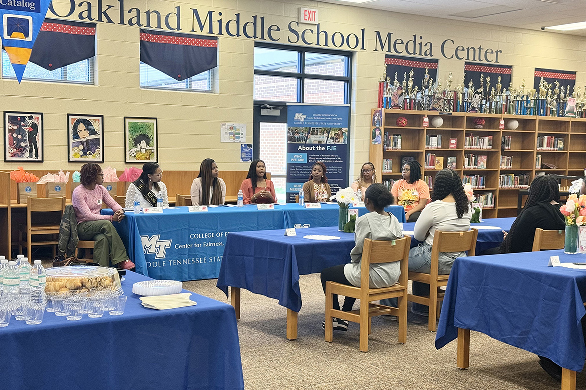 Middle Tennessee State University’s Center for Fairness, Justice, and Equity in the College of Education recently hosted this inaugural Sister Circle Sisterhood Panel, a cornerstone event for the Sister Circle mentoring program designed for seventh and eighth grade girls at Oakland Middle School in Murfreesboro, Tenn. The Sisterhood Panel included young women from various organizations across MTSU’s campus, including members of Alpha Kappa Alpha Sorority Inc., Delta Sigma Theta Sorority Inc., S.W.E.E.T Melanin, and the College of Education. (Submitted photo)