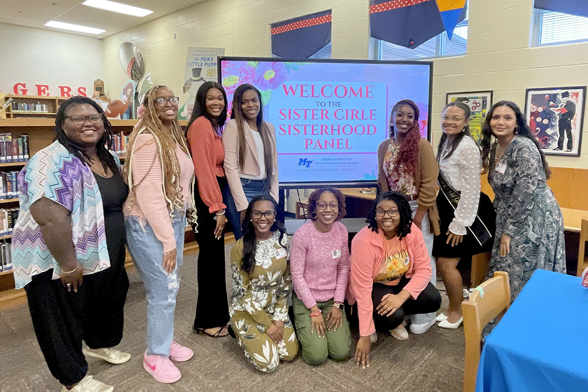 Participants in an inaugural Sister Circle Sisterhood Panel pose for a photo at Oakland Middle School in Murfreesboro, Tenn. Hosted by Middle Tennessee State University’s Center for Fairness, Justice, and Equity in the College of Education, the panel is a cornerstone event for the Sister Circle mentoring program designed for seventh and eighth grade girls at Oakland. The Sisterhood Panel included young women from various organizations across MTSU’s campus, including members of Alpha Kappa Alpha Sorority Inc., Delta Sigma Theta Sorority Inc., S.W.E.E.T Melanin, and the College of Education. (Submitted photo)