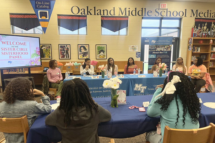 Middle Tennessee State University’s Center for Fairness, Justice, and Equity in the College of Education recently hosted this inaugural Sister Circle Sisterhood Panel, a cornerstone event for the Sister Circle mentoring program designed for seventh and eighth grade girls at Oakland Middle School in Murfreesboro, Tenn. The Sisterhood Panel included young women from various organizations across MTSU’s campus, including members of Alpha Kappa Alpha Sorority Inc., Delta Sigma Theta Sorority Inc., S.W.E.E.T Melanin, and the College of Education. (Submitted photo)