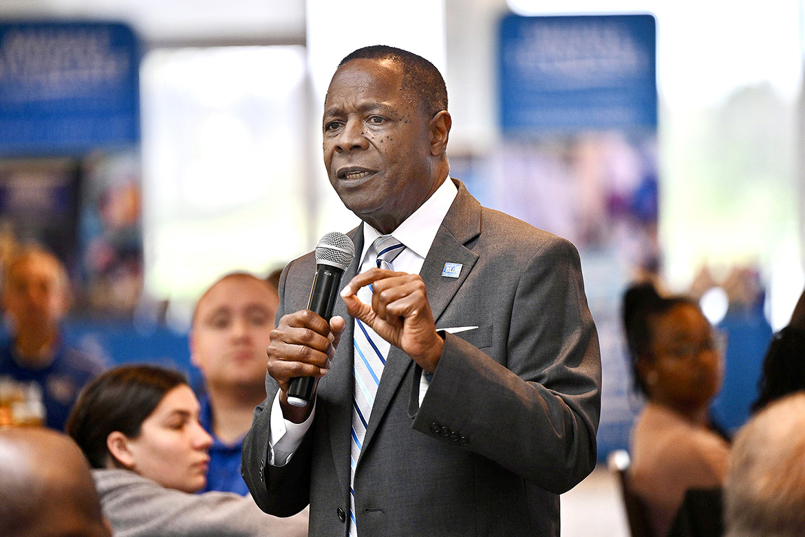 Middle Tennessee State University President Sidney A. McPhee talks to high school counselors and community college advisors at the MTSU True Blue Tour student recruitment event held Thursday, Nov. 7, at Gaylord Springs Golf Links club in Nashville, Tenn., before handing out $90,000 in scholarships the school staff will disperse to students heading to MTSU. (MTSU photo by James Cessna)