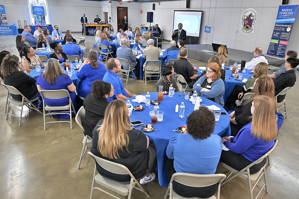 Sidney A. McPhee, president of Middle Tennessee State University in Murfreesboro, Tenn., talks to high school guidance counselors attending a luncheon as part of the True Blue Tour student recruitment event held Monday, Nov. 18, at the Blue Ribbon Circle in Shelbyville, Tenn. (MTSU photo by J. Intintoli)