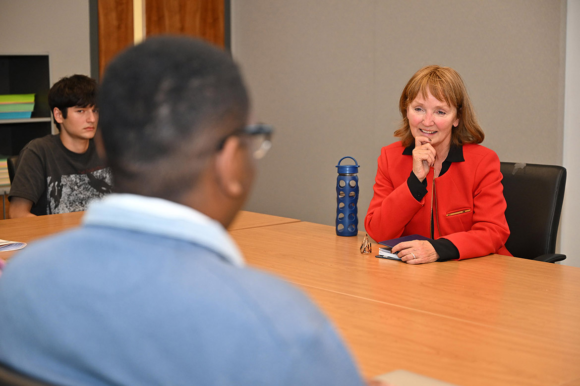 Beth Harwell, former Tennessee speaker of the House and Middle Tennessee State University Distinguished Visiting Professor in political science, speaks with MTSU’s Tennessee Intercollegiate State Legislature, or TISL, student delegates, Student Government Association members and Danny Kelley, assistant vice president for student affairs, before the four-day TISL event to advise students on best practices to position legislation for passage on Nov. 14 at the MTSU Student Union Building in Murfreesboro, Tenn. (MTSU photo by James Cessna)