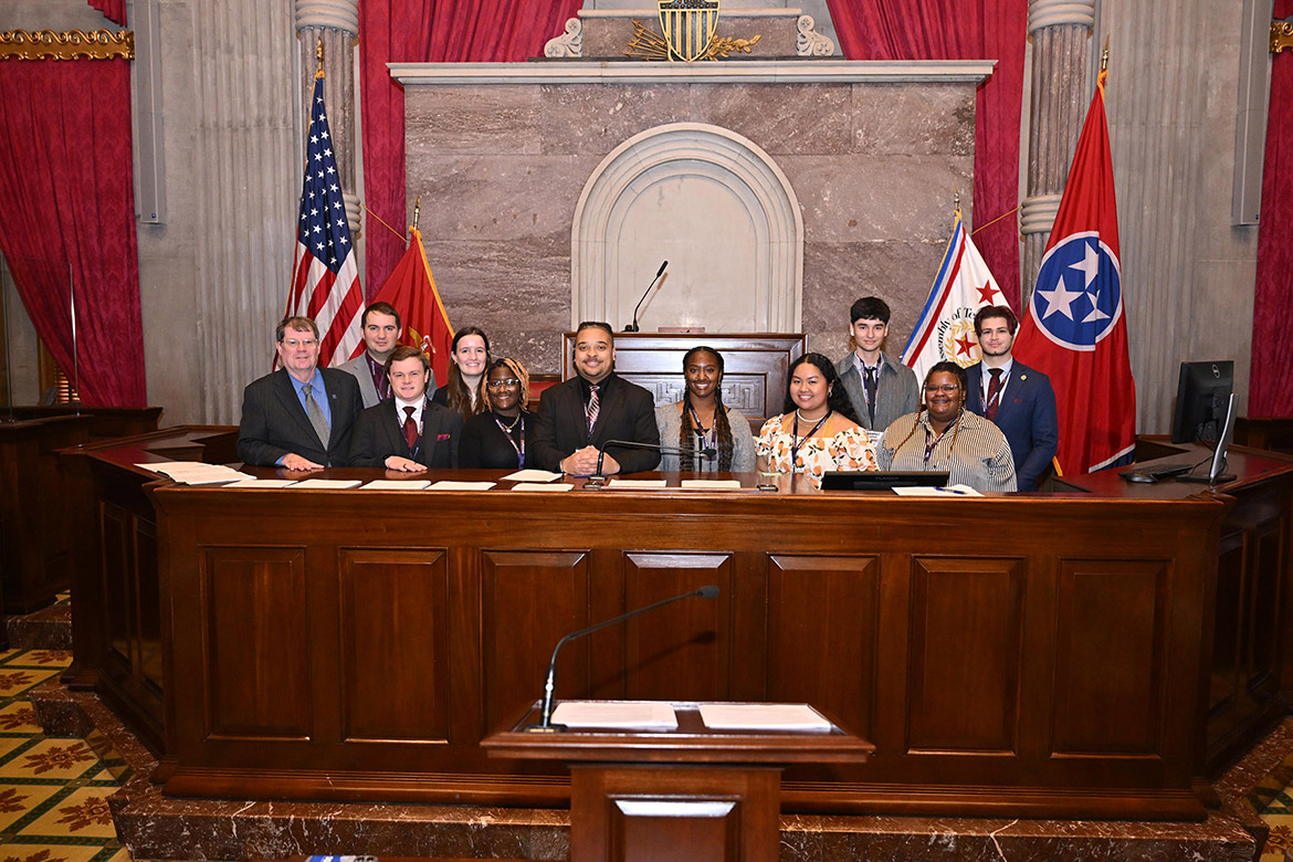 Middle Tennessee State University’s Tennessee Intercollegiate State Legislature, or TISL, student delegates and Danny Kelley, assistant vice president for student affairs, pose for a group photo on Nov. 21 on the floor of the Tennessee House of Representatives at the state Capitol in Nashville, Tenn. (MTSU photo by James Cessna)