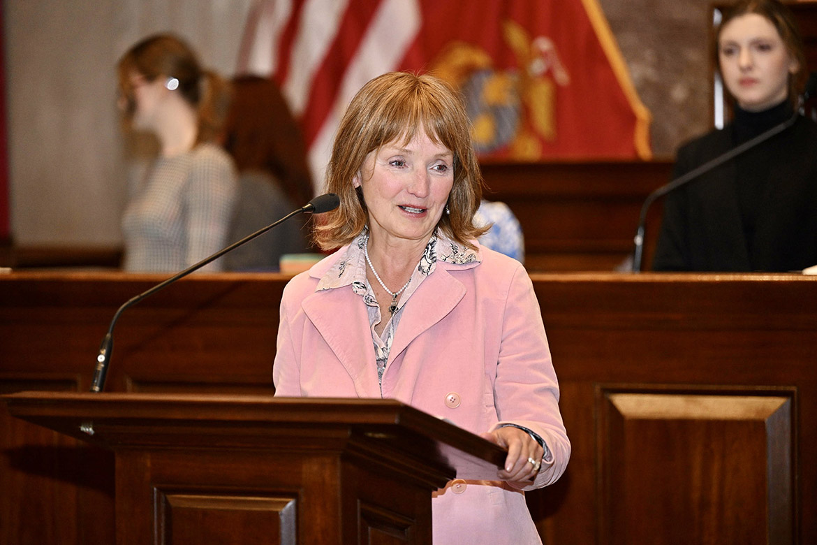 Beth Harwell, former Tennessee speaker of the House and Middle Tennessee State University Distinguished Visiting Professor in political science, speaks at the opening ceremony of the Tennessee Intercollegiate State Legislature, or TISL, event on Nov. 21 on the floor of the Tennessee House of Representatives at the state Capitol in Nashville, Tenn. (MTSU photo by James Cessna)