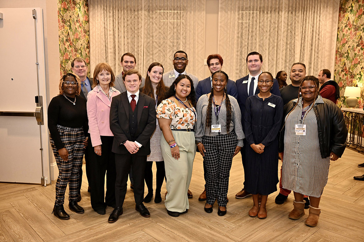 Middle Tennessee State University’s Tennessee Intercollegiate State Legislature, or TISL, student delegates, Student Government Association members and Danny Kelley, assistant vice president for student affairs, pose with Beth Harwell, former Tennessee speaker of the House and MTSU Distinguished Visiting Professor in political science, at the Tri-Star Reception of TISL event, which was sponsored by MTSU, on Nov. 21 at the Hampton Inn and Suites Capitol View Downtown hotel in Nashville, Tenn. (MTSU photo by James Cessna)