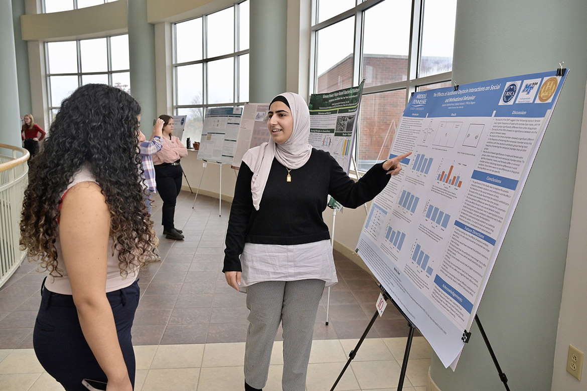 Middle Tennessee State University student researcher presents her research project on the effects of antibiotic and oxytocin interactions to an attendee at the seventh annual Undergraduate Research Center Fall Research and Creative Activity Open House held Thursday, Nov. 7, in the Miller Education Center on campus in Murfreesboro, Tenn. (MTSU photo by Andy Heidt)