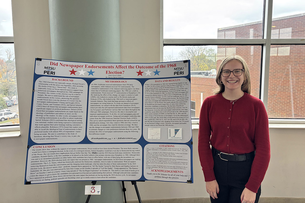 Anna Collins, a Middle Tennessee State University senior agribusiness major with an economics minor, poses beside her research poster on the 1968 election at the seventh annual Undergraduate Research Center Fall Research and Creative Activity Open House held Thursday, Nov. 7, in the Miller Education Center on campus in Murfreesboro, Tenn. (MTSU photo by Andy Heidt)