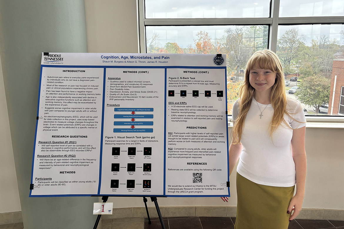 Middle Tennessee State University senior biology major Allison Throm stands beside her psychology research poster on age and pain’s effect on cognitive ability at the seventh annual Undergraduate Research Center Fall Research and Creative Activity Open House held Thursday, Nov. 7, in the Miller Education Center on campus in Murfreesboro, Tenn. (MTSU photo by Andy Heidt)