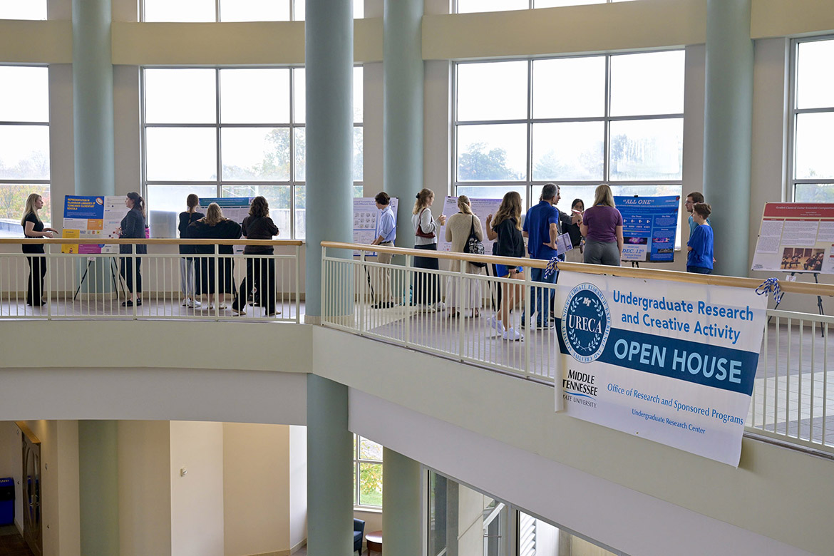 Middle Tennessee State University student researchers present their projects to attendees at the seventh annual Undergraduate Research Center Fall Research and Creative Activity Open House held Thursday, Nov. 7, in the Miller Education Center on campus in Murfreesboro, Tenn. (MTSU photo by Andy Heidt)