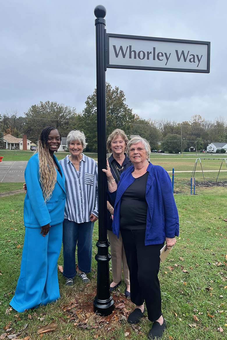 From left, Neporcha Cone, dean of Middle Tennessee State University’s College of Education stands with some Liz Whorley Bradley’s friends, including Rita King on the far right, president of Friends of Campus School, the school’s support group and primary organizer of the event, at the “Whorley Way” street sign near Burton Street, one of the school’s entrances, to honor the former principal and first grade teacher in Murfreesboro Tenn. Middle Tennessee State University partnered with Friends of Campus School and Rutherford County Schools to plan and implement the street signs. (Photo submitted)