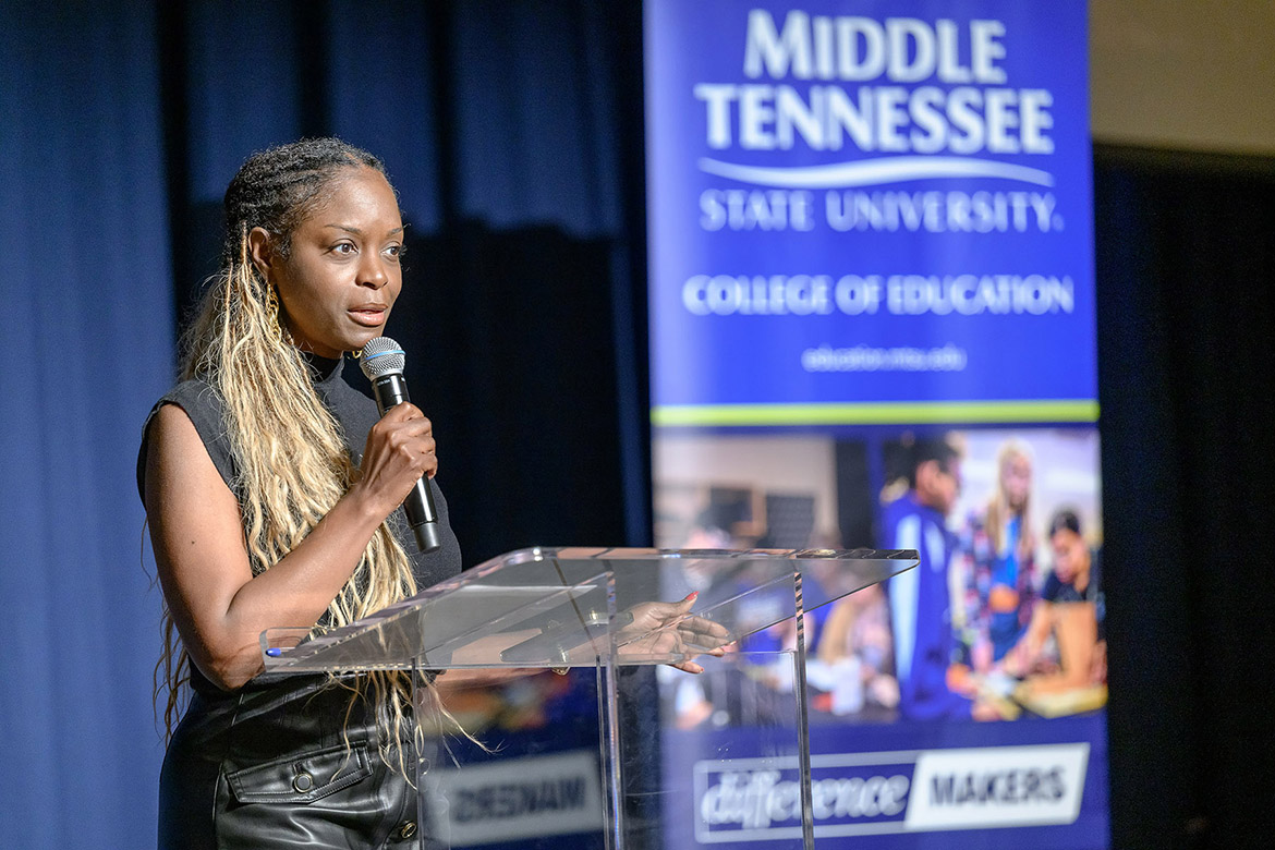 Middle Tennessee State University’s College of Education Dean Neporcha Cone discusses the college’s partnership with Middle Tennessee Electric, which awarded $40,000 to outfit future teacher classrooms each semester for the next four years. Two students received $2,500 Spark Awards to decorate their classrooms during a celebration of students who completed their semester-long residencies Dec. 12 in the James Union Building on campus in Murfreesboro, Tenn. (MTSU photo by J. Intintoli)