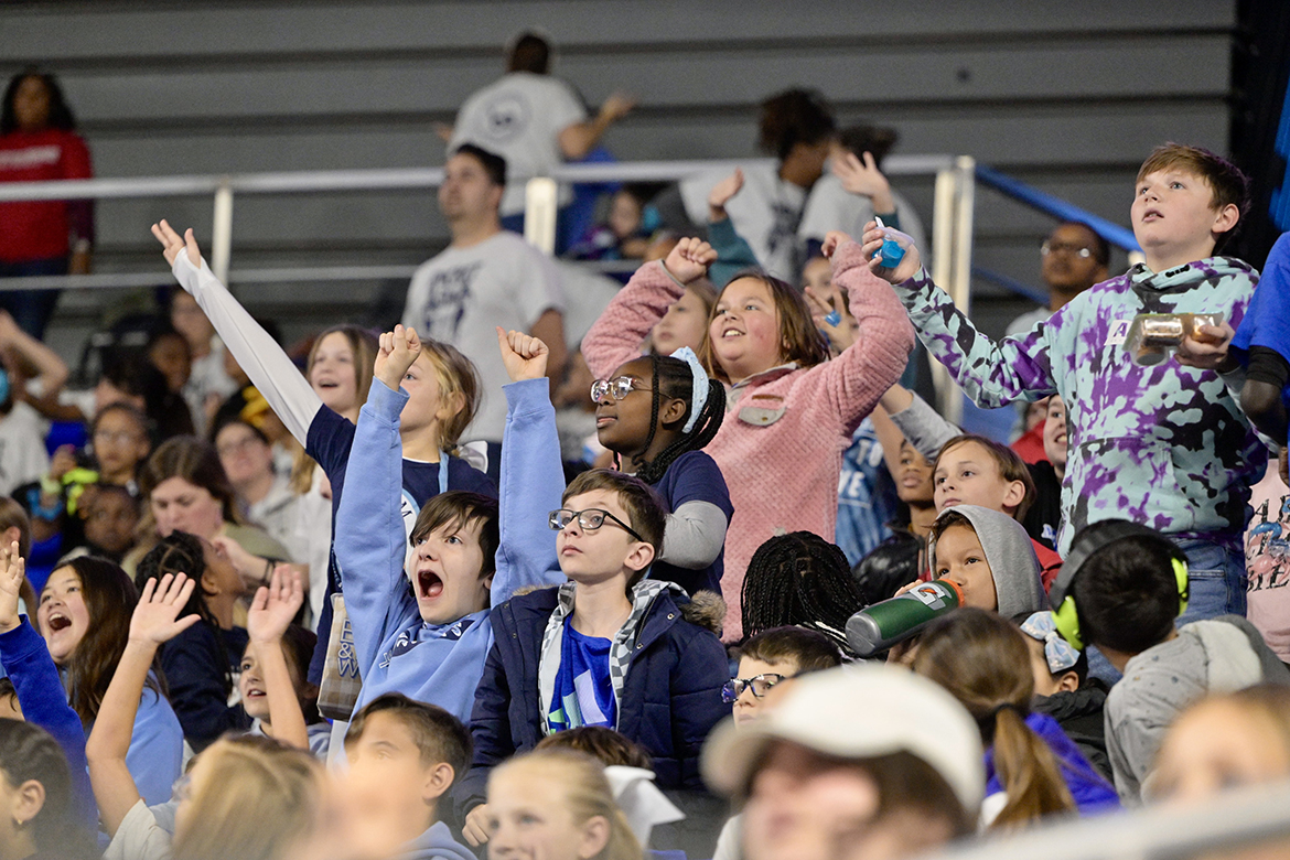 Students from one of 13 Murfreesboro City Schools cheer on the Middle Tennessee State University Lady Raiders Wednesday, Dec. 4, during the annual Education Day game in Murphy Center on the MTSU campus in Murfreesboro, Tenn. (MTSU photo by Andy Heidt)