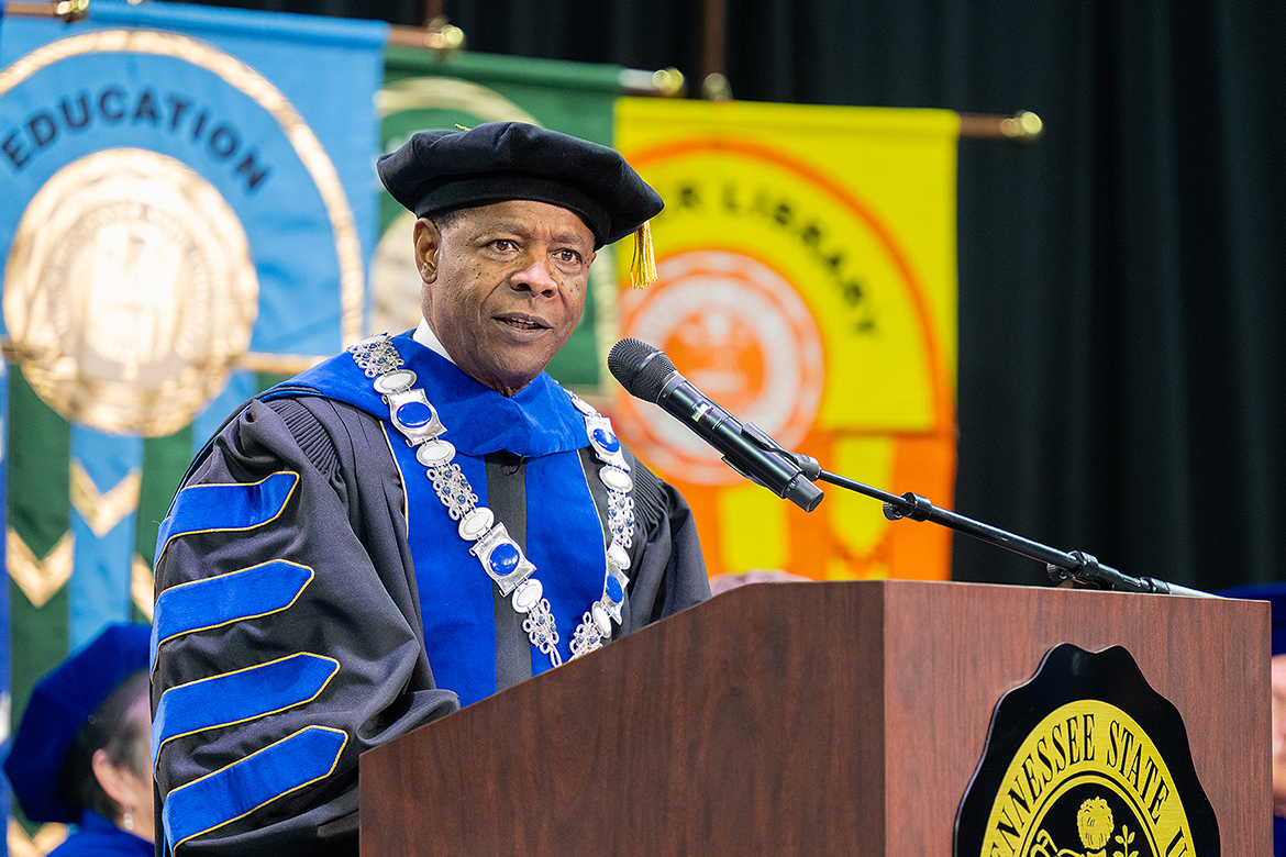 Middle Tennessee State University President Sidney A. McPhee encourages the fall 2024 graduating class during the morning commencement held Saturday, Dec. 14, inside Murphy Center on the MTSU campus in Murfreesboro, Tenn. Of the 1,597 students who graduated, 1,322 are undergraduates and 275 are graduate students, including 241 master’s candidates, 21 education-specialist recipients and 13 doctoral candidates. (MTSU photo by Cat Curtis Murphy)