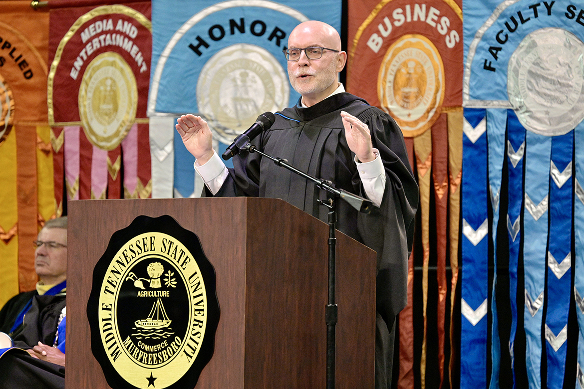 Middle Tennessee State University alumnus Byron Smith offers encouragement to members of the fall 2024 graduating class during his commencement address on Saturday, Dec. 14, at the afternoon ceremony held inside Murphy Center on campus in Murfreesboro, Tenn. MTSU presented nearly 1,600 degrees to undergrad and graduate students during morning and afternoon ceremonies. (MTSU photo by Andy Heidt)