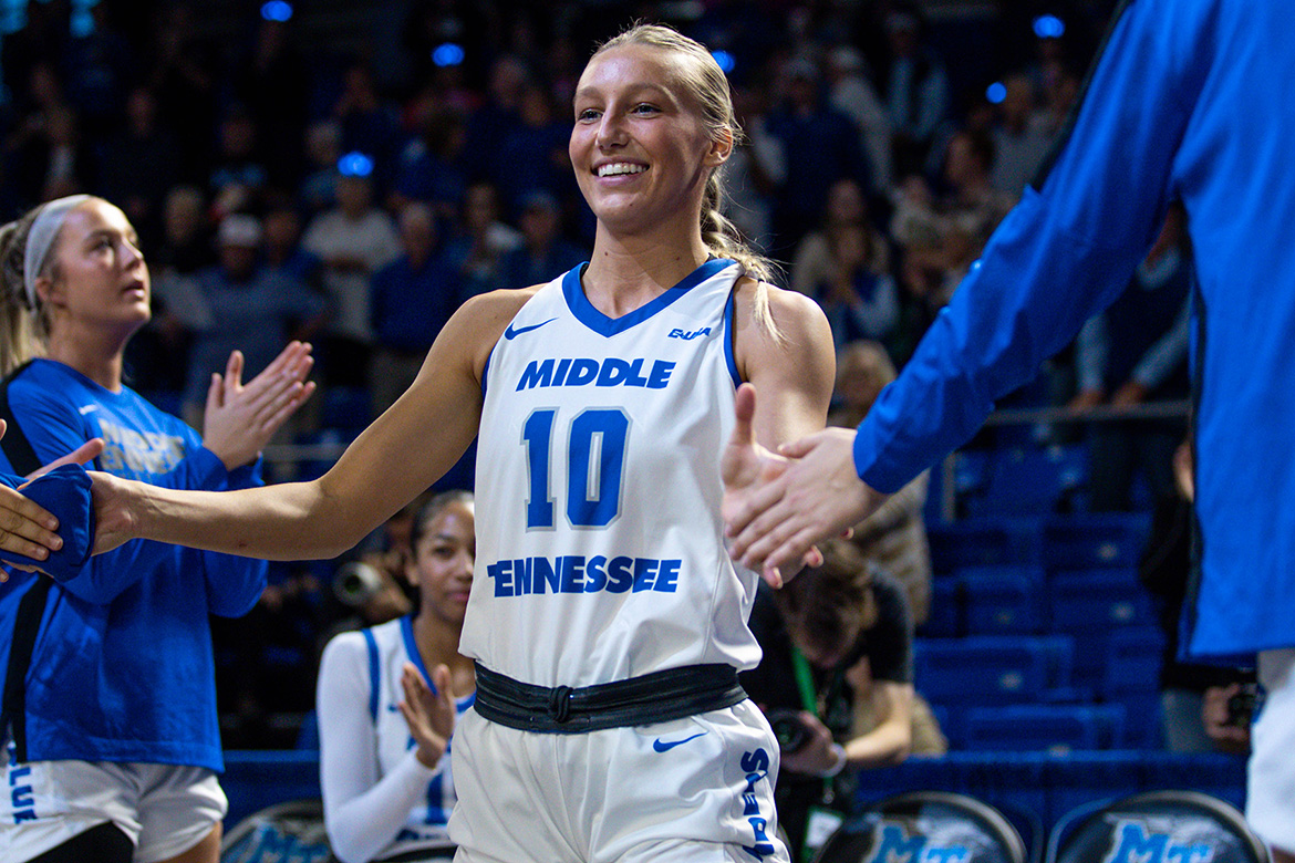 Middle Tennessee State University’s Jalynn Gregory, a senior guard on the Blue Raider women’s basketball team, is all smiles as she’s introduced in this undated photo from a game inside Murphy Center in Murfreesboro, Tenn. (Courtesy of MTSU Athletics)