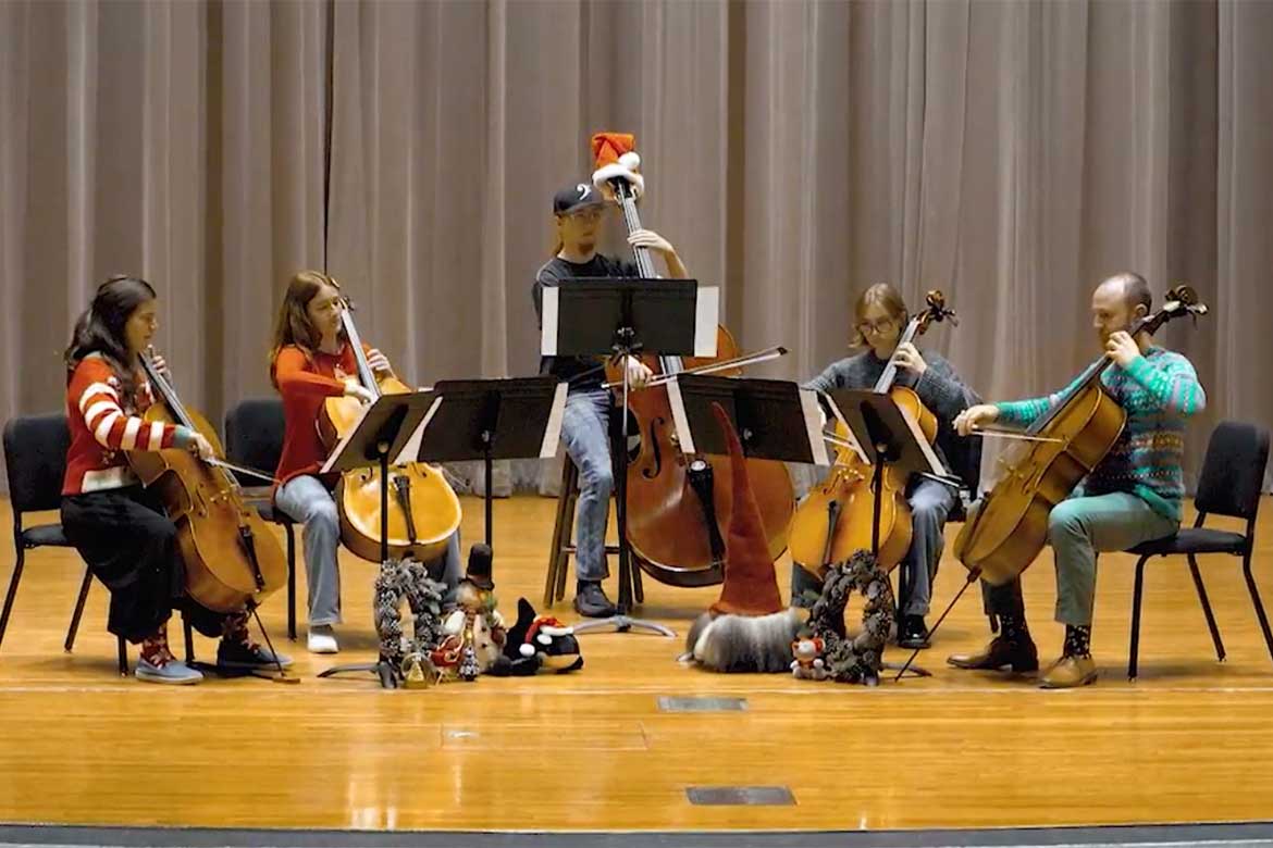 Cello students from Middle Tennessee State University’s School of Music perform “Halls Upon the Merry Housetop” from the 2024 “Joys of the Season” holiday-themed arts showcase from the College of Liberal Arts, premiering Monday, Dec. 9, on the university’s True Blue TV and YouTube channel. (MTSU screenshot)