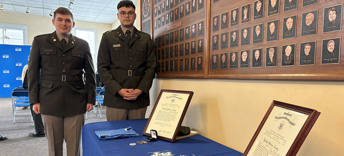 Former Middle Tennessee State University ROTC cadets Alexander Hagerman, left, of Nashville, Tenn., and David Nevarez of Murfreesboro, Tenn., became U.S. Army second lieutenants during the commissioning ceremony held for them Friday, Dec. 13, in the Tom H. Jackson Building’s Cantrell Hall on the MTSU campus in Murfreesboro. Hagerman will transition to the transportation corps while Nevarez will be in medical service branch with the Tennessee Army National Guard. (MTSU photo by Randy Weiler)