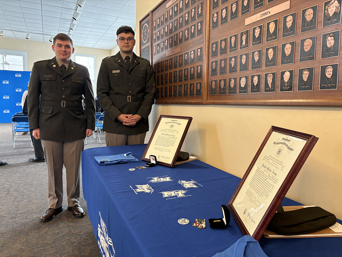 Former Middle Tennessee State University ROTC cadets Alexander Hagerman, left, of Nashville, Tenn., and David Nevarez of Murfreesboro, Tenn., became U.S. Army second lieutenants during the commissioning ceremony held for them Friday, Dec. 13, in the Tom H. Jackson Building’s Cantrell Hall on the MTSU campus in Murfreesboro. Hagerman will transition to the transportation corps while Nevarez will be in medical service branch with the Tennessee Army National Guard. (MTSU photo by Randy Weiler)