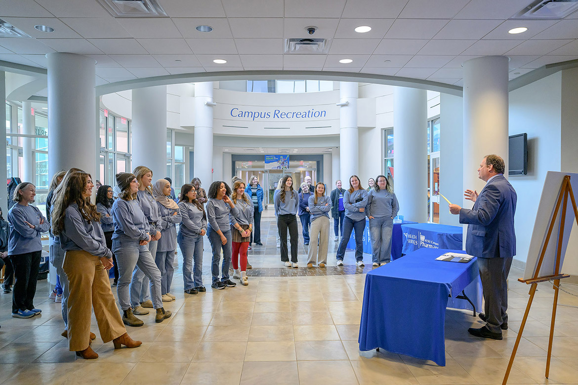 Rick Chapman, director of Middle Tennessee State University’s Student Health Center, gives remarks at the open house of the new Relaxation Station, which was designed by interior architecture seniors to provide students with a place on campus to recharge in the Health, Wellness and Recreation Center atrium in Murfreesboro, Tenn. (MTSU photo by J. Intintoli)