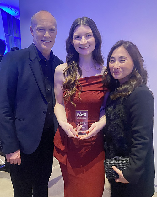 Annalise Phillips, of Nolensville, Tenn., center, an interior architecture major at Middle Tennessee State University in Murfreesboro, holding her award from the 29th annual Planning and Visual Educational Partnership, or PAVE, International Student Design Competition, stands with judge Paul Loux, left, vice president of store design and experience at event sponsor Ulta Beauty, and Sophia Hwang- Judiesch, president of Tommy Hilfiger North America, at the PAVE Gala awards ceremony held in New York City on Dec. 12, 2024. Phillips was awarded $5,000 with an additional $1,000 granted to MTSU, along with a free trip to the PAVE Gala. (Submitted photo)