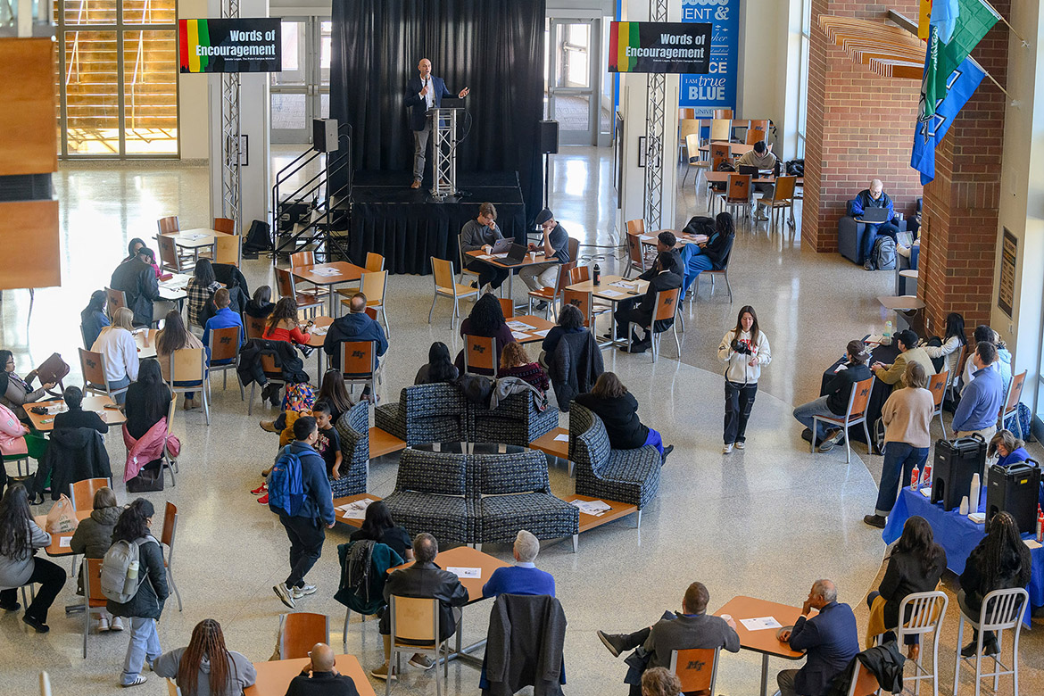 Attendees look on in the Student Union Atrium of Middle Tennessee State University in Murfreesboro, Tenn., on Wednesday, Jan. 22, during the annual Martin Luther King Jr. Celebration hosted by the Office of Intercultural and Diversity Affairs. Student leaders and campus representatives focused on the legacy of the slain civil rights leader and his late wife, Coretta Scott King, during a multimedia presentation. (MTSU photo by J. Intintoli)