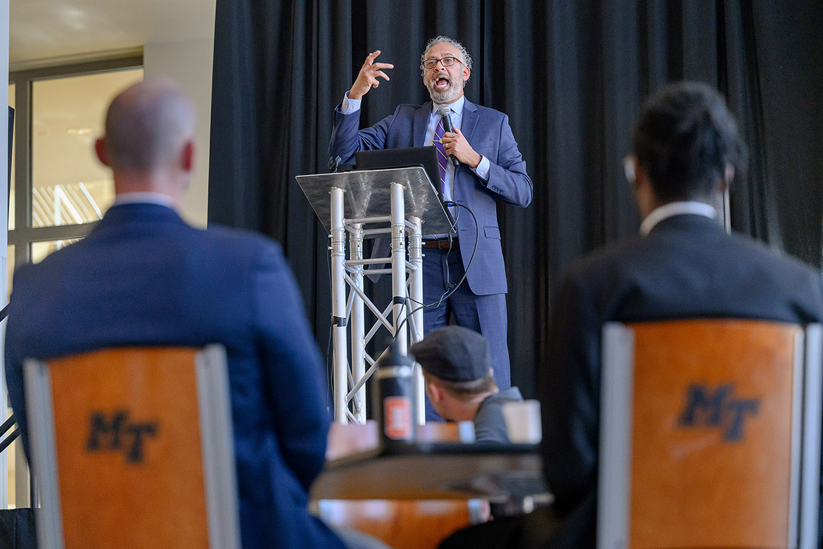 The Rev. Vincent Windrow, retired Middle Tennessee State University associate vice provost and alumnus, talks about the history of the MTSU True Blue Pledge he co-authored on Wednesday, Jan. 22, during the annual Martin Luther King Jr. Celebration held in the Student Union Atrium on campus in Murfreesboro, Tenn. (MTSU photo by J. Intintoli)