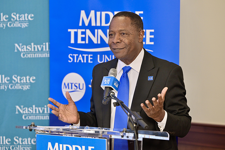 Middle Tennessee State University President Sidney A. McPhee shares remarks during a signing ceremony between the university and Nashville State Community College held Tuesday, Jan. 28, at Miller Education Center on MTSU’s campus in Murfreesboro, Tenn. The two institutions signed agreements opening seamless pathways for Nashville State graduates earning an associate degree to transfer to MTSU to pursue bachelor’s degrees in either aerospace or cybersecurity management. (MTSU photo by Andy Heidt)