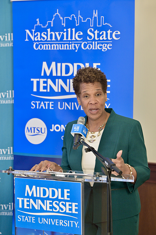 Nashville State Community President Shanna L. Jackson shares remarks during a signing ceremony between the college and Middle Tennessee State University held Tuesday, Jan. 28, at Miller Education Center on MTSU’s campus in Murfreesboro, Tenn. The two institutions signed agreements opening seamless pathways for Nashville State graduates earning an associate degree to transfer to MTSU to pursue bachelor’s degrees in either aerospace or cybersecurity management. (MTSU photo by Andy Heidt)