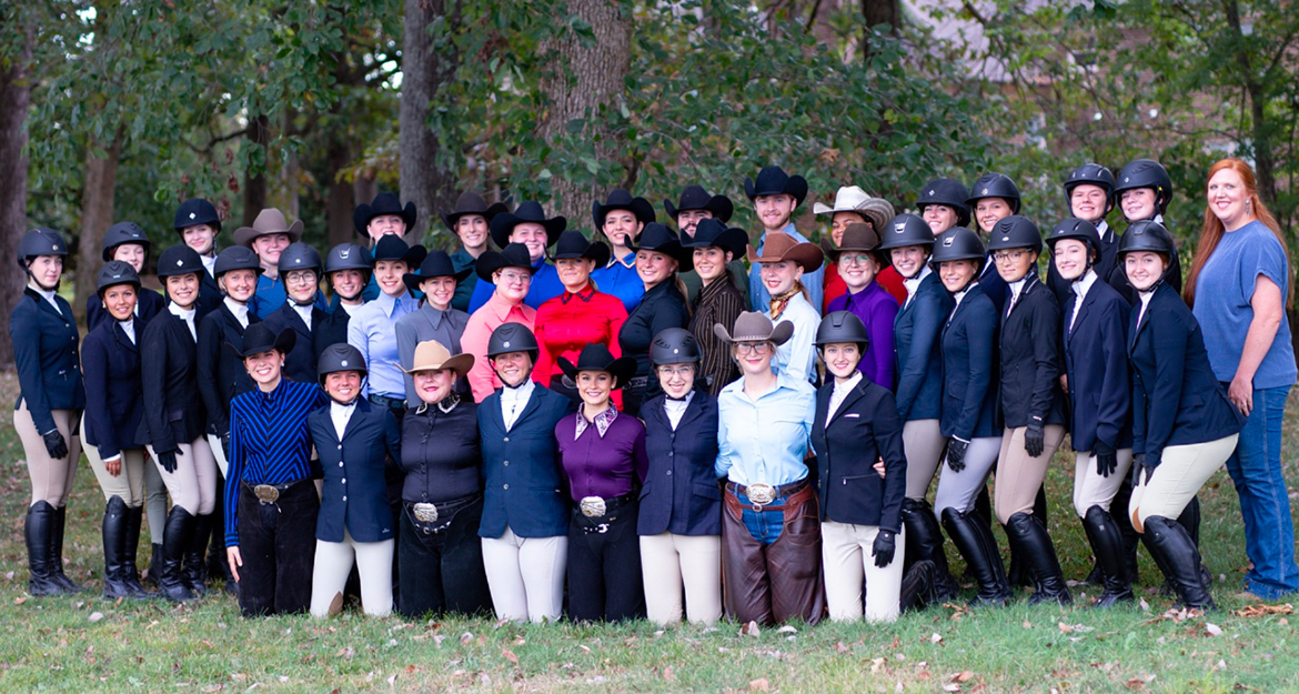 Middle Tennessee State University equestrian team members gather for a photo in fall 2024 outside the MTSU Horse Science Center on West Thompson Lane in Murfreesboro, Tenn. The team had an extremely successful season and is preparing for three major events — a hunter seat show Feb. 8-9 and western competition event Feb. 14-16, both in Miller Coliseum on West Thompson Lane, to begin the journey of qualifying for the Intercollegiate Horse Shows Association National Championship, set to take place May 2-4, 2025, in Tryon, N.C. (Submitted photo)