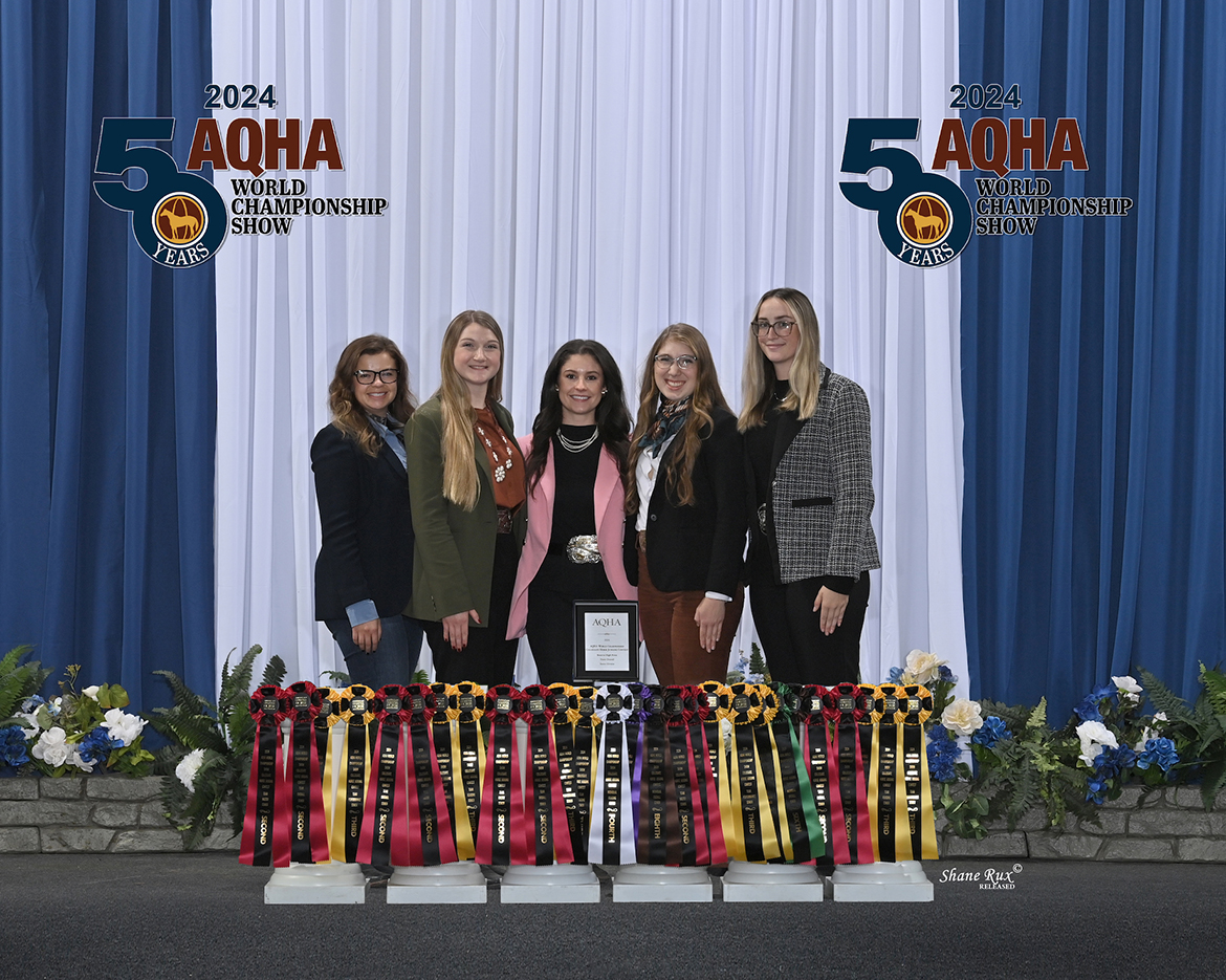 Middle Tennessee State University horse judging coach Alyssa Logan, left, and team members Regan Black, Simone Allen, Jessica Whicker and Kenlee West are shown with individual awards they received during the Collegiate Judging Contest at the American Quarter Horse Association World show Oklahoma City, Okla. MTSU was named Reserve World Champion Senior Team and top-three team in the Halter, Performance and Reasons category. (Submitted photo)