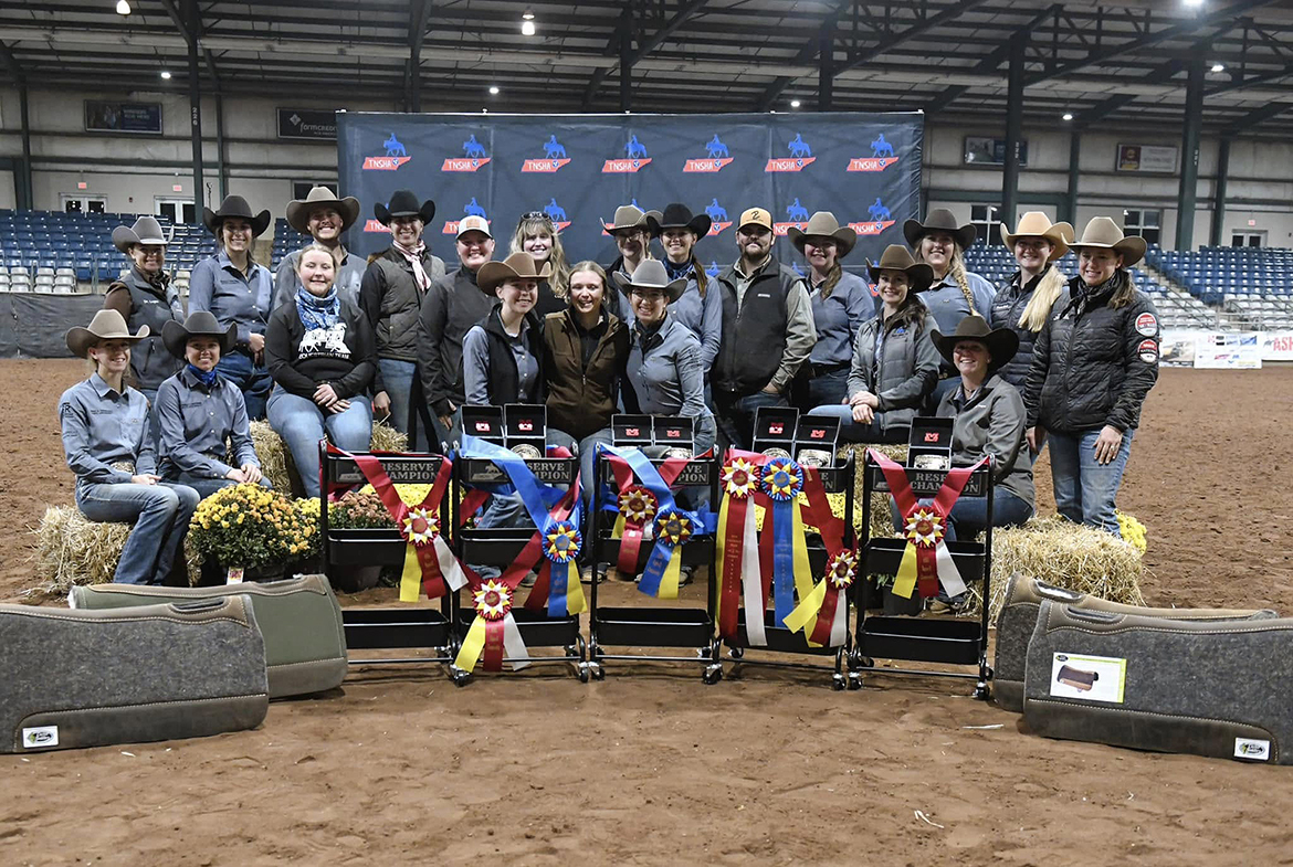 Middle Tennessee State University stock horse team members pose with their champion, reserve champion and individual awards collected in November at the Southern Collegiate Ranch Horse Championships in Miller Coliseum on West Thompson Lane in Murfreesboro, Tenn. The team also earned several champion and reserve champion honors in October at a competition in Rainsville, Ala. (Submitted photo)