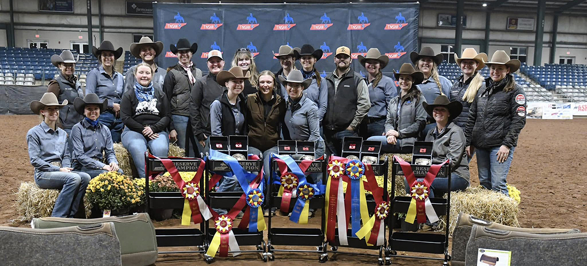 Middle Tennessee State University stock horse team members pose with their champion, reserve champion and individual awards collected in November at the Southern Collegiate Ranch Horse Championships in Miller Coliseum on West Thompson Lane in Murfreesboro, Tenn. The team also earned several champion and reserve champion honors in October at a competition in Rainsville, Ala. (Submitted photo)