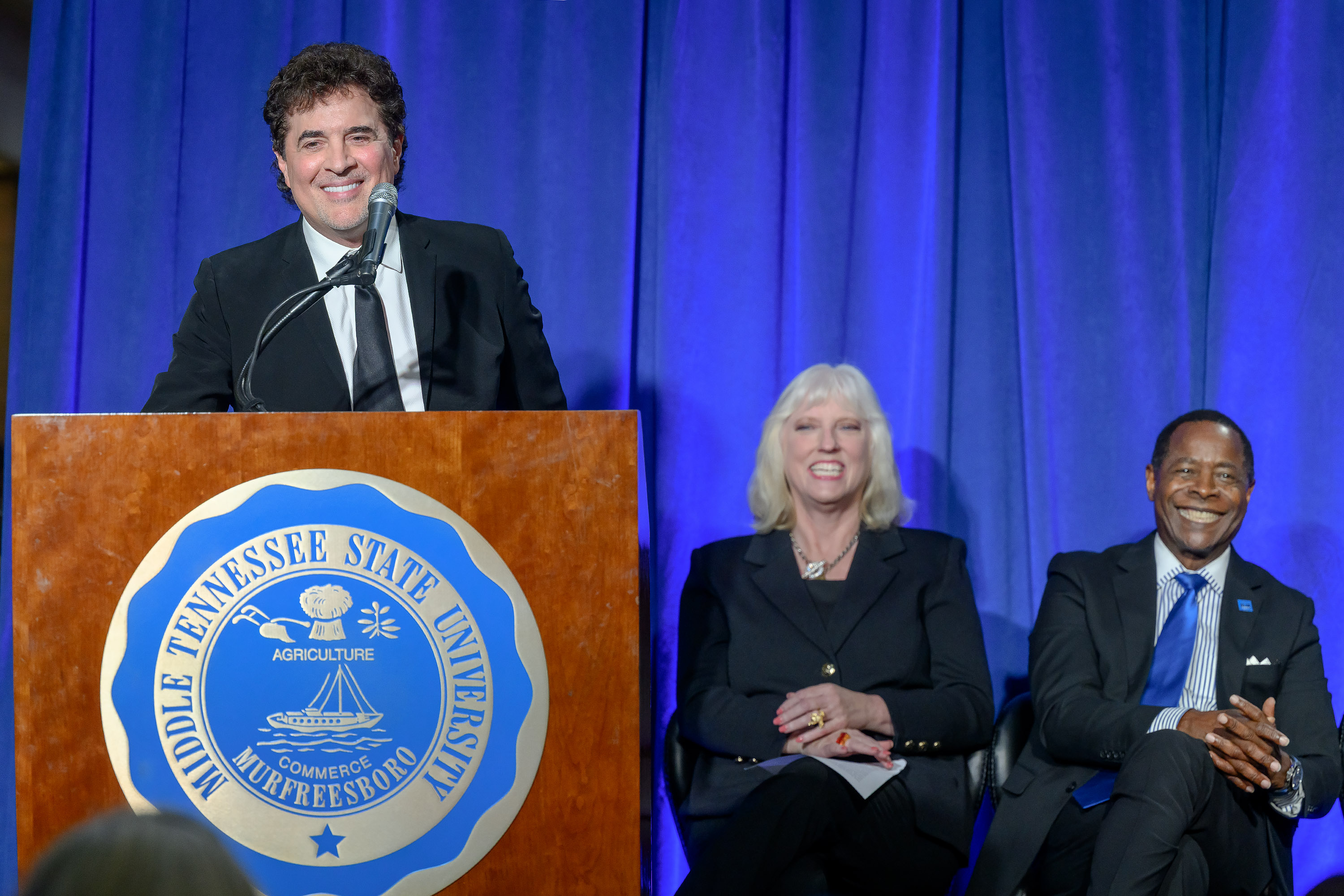 Scott Borchetta, Big Machine Label Group founder, chairman and CEO, addresses the capacity crowd Tuesday, Aug. 26, during a special ceremony to announce the renaming of Middle Tennessee State University’s media college to the Scott Borchetta College of Media and Entertainment. The announcement was held in the atrium of the John Bragg Building on campus in Murfreesboro, Tenn. (MTSU photo by J. Intintoli)