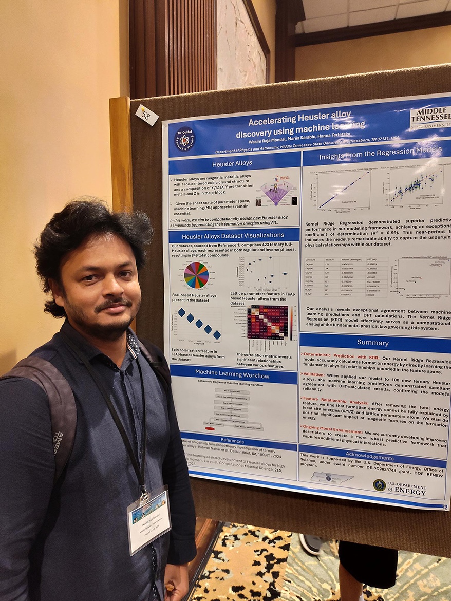 Wasin Mandol, a Middle Tennessee State University postdoctoral researcher and Tennessee Quantum Materials Workforce Development and Training program, or TN-QuMat, consortium team member, presents the poster for research he conducted with Mariia Karabin and associate professor of physics Hanna Terletska during the Aug. 12-13 scientific meeting at the Crowne Plaza Hotel in Knoxville, Tenn. (Submitted photo)