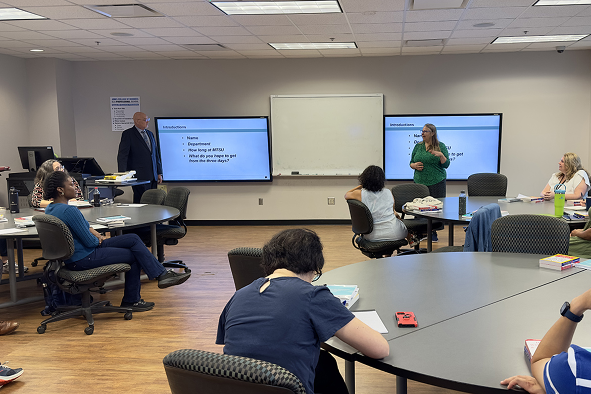 Participants in the three-day Dale Carnegie summer immersion course held in early August for Middle Tennessee State University faculty and staff introduce themselves inside the Business and Aerospace Building on campus in Murfreesboro, Tenn. (MTSU photo by Darby Campbell-Firkus)